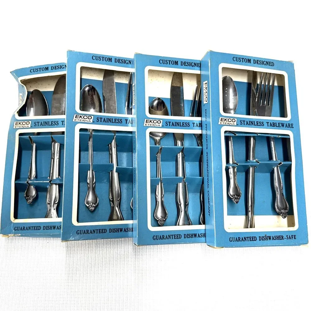 4 Packs - Vintage EKCO Eterna - Stainless Fork Knife & Spoon boxed tableware set
